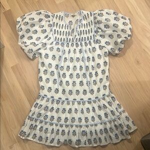 Block print white puff sleeve poplin dress